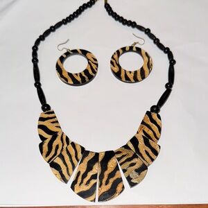 Unique Wooden Black & Gold Zebra Pattern Necklace and Earring Set